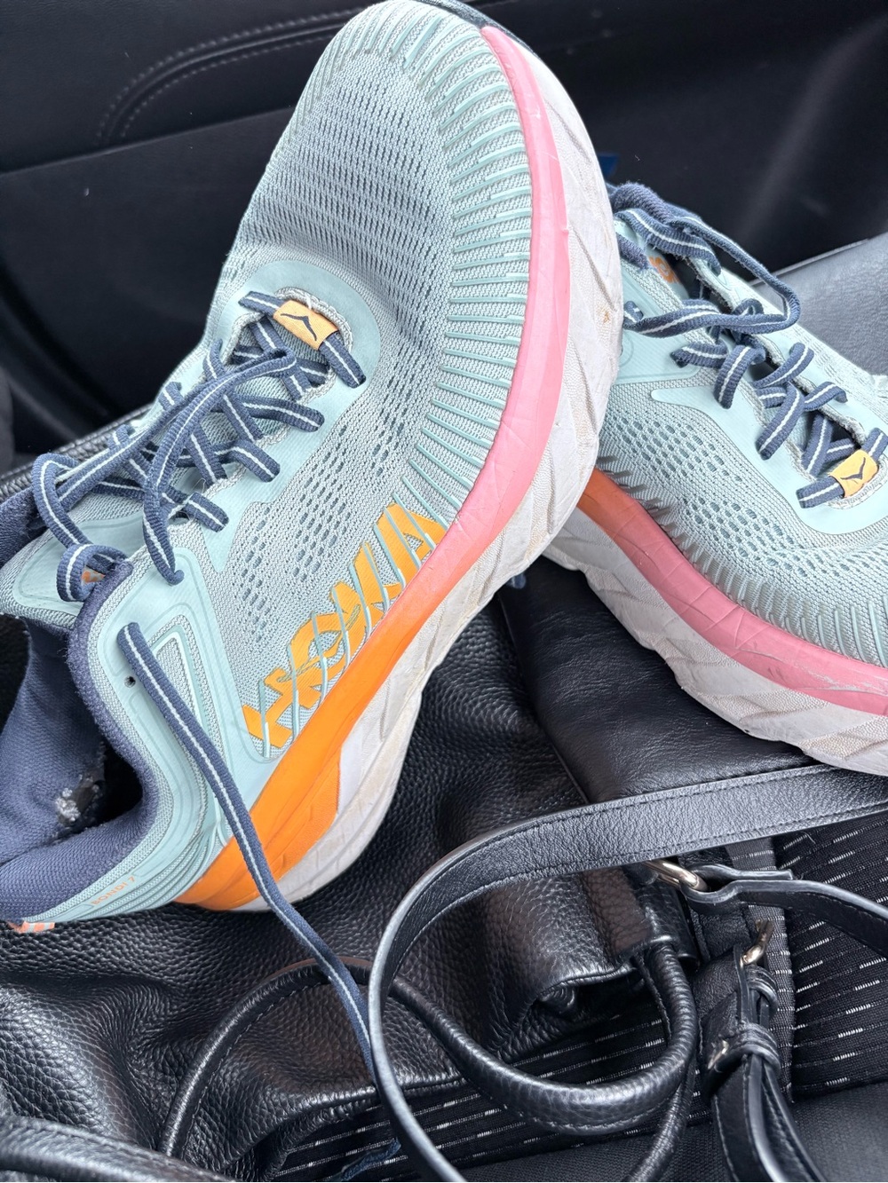 Hoka One One Light Blue Running Shoes with Pink & Orange Trim